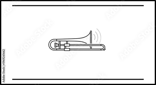 Minimalist line art illustration of a trombone producing sound waves, symbolizing music and brass