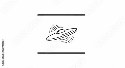 Minimalist line art illustration of a flying saucer UFO hovering between two horizontal lines