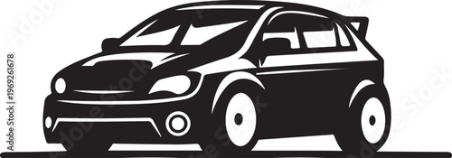 A sleek black hatchback car with racing modifications and aerodynamic features Vector, illustration