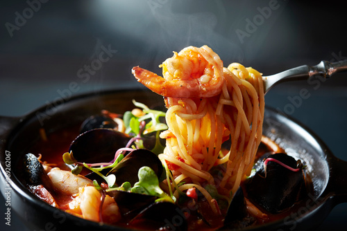 Mussel seafood pasta in a pot