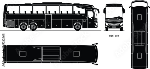Black bus silhouettes collection, passenger coach, public transport vehicle, multiple viewing angles, front side top, travel transit vector design illustration