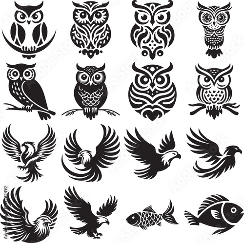Vintage black and white stylized illustrations of owls, birds, and a fish. Vector, illustration