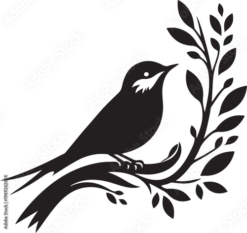 Elegant black silhouette bird perched gracefully on a delicate branch with foliage Vector, illustration