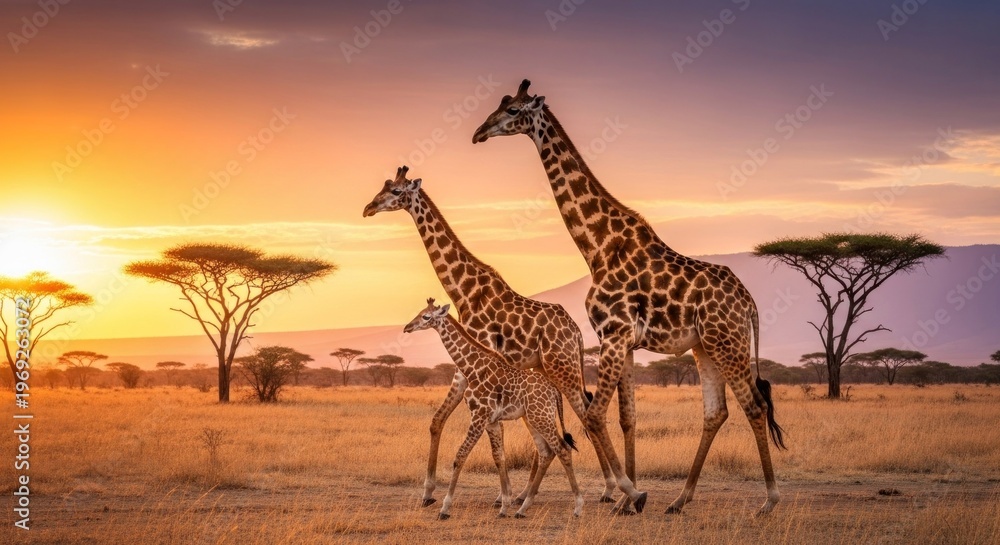 Obraz premium Three giraffes, including an adult and a juvenile, walk across the African savanna at sunset, framed by silhouetted acacia trees under an orange and purple sky, conveying a sense of peace and...