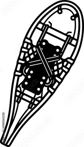 Vintage snowshoe, antique winter sports equipment, black and white illustration, outdoor recreation gear, snowshoeing accessories