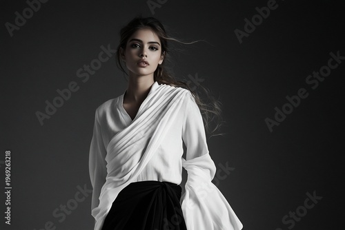 Woman in white blouse posing.