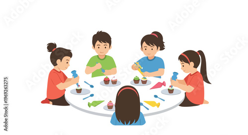Five diverse children sit around a round white table, creatively decorating delicious cupcakes with colorful frosting using several piping bags.