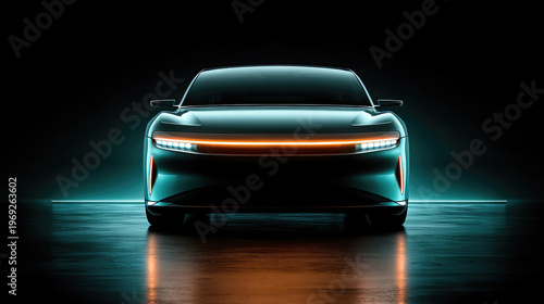 Futuristic Electric Car Front View with Neon Lighting in a Dark Studio Setting