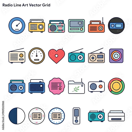 Radio Line Art Vector Illustration, Minimal Outline Vintage Radio Receiver Icon for Music and Communication