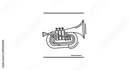 Elegant Single Line Drawing of a Contemporary Brass Musical Instrument Euphonium Horn with Bell