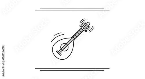 Minimalist line art icon of a musical mandolin instrument vibrating with sound waves vector