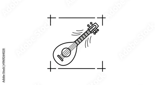 Minimalist black and white line drawing of a musical string instrument producing rhythmic sound