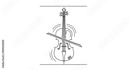 Minimalist one continuous line drawing of classic string instrument cello with bow musical sound
