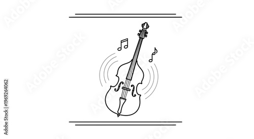 Elegant black and white line art illustration of an upright bass creating beautiful musical