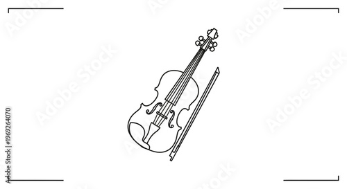 Elegant continuous line art drawing of a classical string instrument with its bow for music concepts
