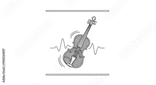 Minimalist line art rendering of a classical string instrument amidst rhythmic sound waves