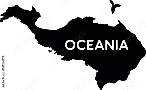 Oceania map silhouette with continent name in minimalist black geographic vector design