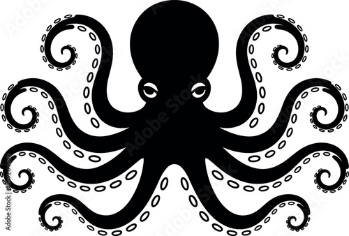 Octopus silhouette illustration with detailed tentacles in minimalist marine animal black vector style