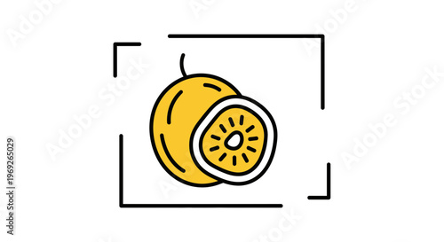 Vibrant tropical passion fruit icon featuring whole and sliced views within a stylish graphic