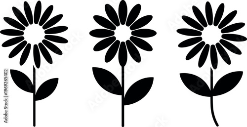 Sunflower silhouette set with stem and leaves in minimalist floral vector illustration