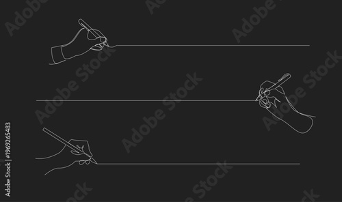 Continuous Line Drawing of Hands Writing and Drawing with Pens and Pencils on Black Background