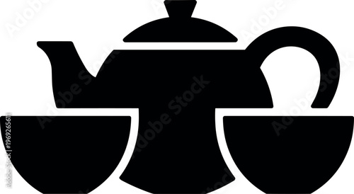 Teapot and cups silhouette icon with minimalist kitchen and beverage design