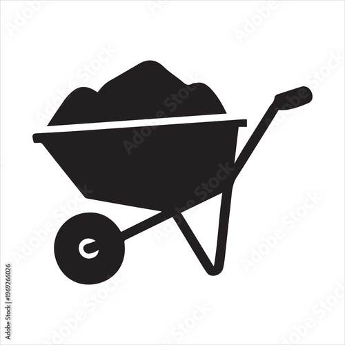 Black silhouette of a wheelbarrow filled with dirt on a white background