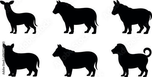 Farm animal silhouette icon set with goat sheep donkey and livestock collection in minimalist style