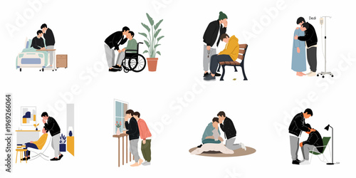 Set of flat illustrations depicting a man providing comfort and emotional support to a friend or partner during illness, sadness, and difficult times.