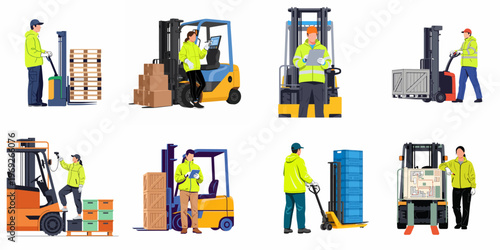 Vector illustration set of warehouse workers operating forklifts, electric pallet jacks, and stackers, handling various types of cargo in a logistics environment.