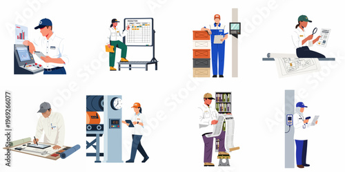 Flat vector illustrations of industrial factory workers managing production, inventory, quality control, and operating machinery in various manufacturing and warehouse roles.