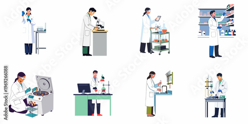 Set of eight illustrations of scientists performing various laboratory research tasks, including microscopy, chemical mixing, and data analysis in a modern lab environment.