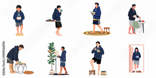Set of flat vector illustrations of a young man in a blue hoodie performing daily activities including eating food from a bowl.