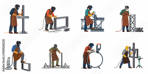 Collection of Professional Welders in Protective Gear Performing Various Industrial Metalwork and Fabrication Tasks