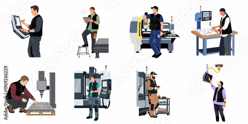 Set of industrial workers operating modern CNC machines and technology in a factory environment, featuring diverse engineers and technicians in flat vector style.
