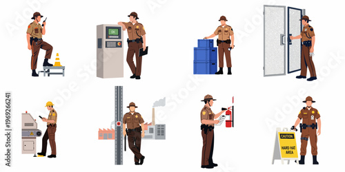 Set of security guard characters performing various duties, including facility patrols, equipment checks, and safety inspections in industrial and outdoor environments.