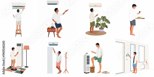 Set of illustrations depicting a man managing various home air conditioning systems and smart climate control devices with remotes and mobile applications.