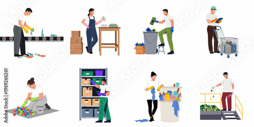 Illustrations of male and female workers sorting waste, recyclables, and products in various industrial and warehouse settings for environmental management and logistics.