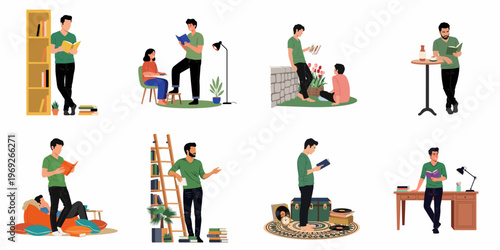 Flat illustration set of men reading books in various settings including home, garden, library, and cafe, showcasing a lifestyle of learning and literature.