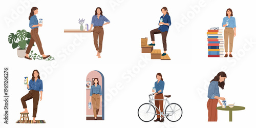 Flat vector illustration set of a woman in various daily scenes, featuring her holding a milk carton in minimalist interior and exterior settings.