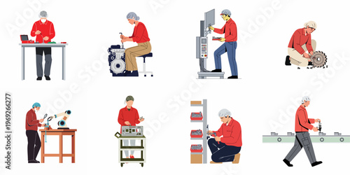Collection of flat illustrations showing diverse industrial workers, engineers, and technicians performing various assembly, repair, and manufacturing tasks in a factory setting.