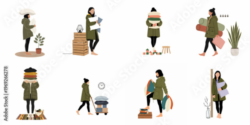 Collection of minimalist flat vector illustrations featuring women carrying pillows, cushions, and home decor items in cozy domestic settings.