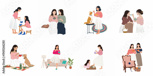 Flat vector illustrations set of women eating meals, sharing food, and interacting with pets in cozy, minimalist home settings.