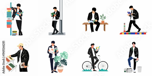 Set of minimalist illustrations featuring a stylish young man reading and holding magazines in various daily life situations and urban poses.