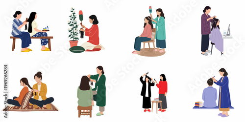 Set of flat illustrations showing women styling each other's hair, braiding, combing, and bonding in various domestic scenes.