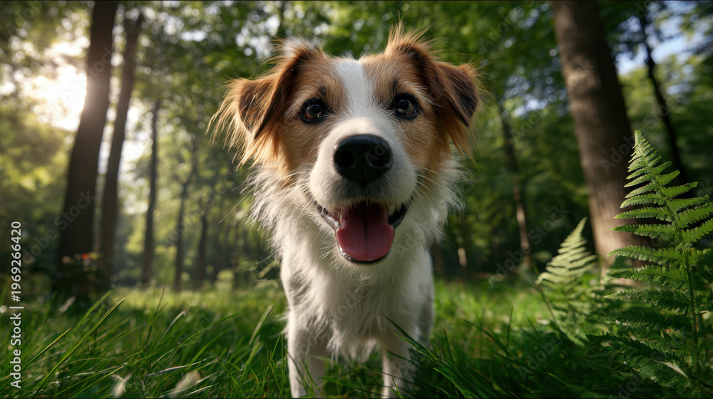 Fototapeta premium Playful dog in park happy dog green grass forest background close up smiling dog sunny day nature scene