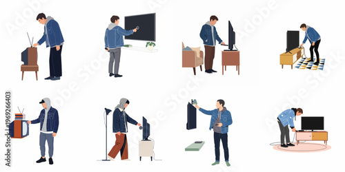 Set of vector illustrations showing a man in a denim jacket interacting with various old and modern television sets in different home settings.