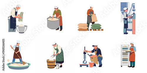 Set of factory workers in flat design performing different tasks in food production, milling, and baking processes on a white background.
