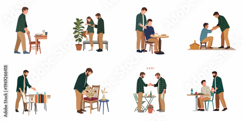 Flat illustration set depicting various scenes of hospitality, service, and polite social interactions between people in domestic and public settings.
