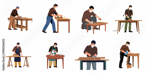 Collection of Male Carpenters and Woodworkers Wearing Safety Masks while Sanding, Planing, and Restoring Wooden Furniture in Various Workshop Scenarios
